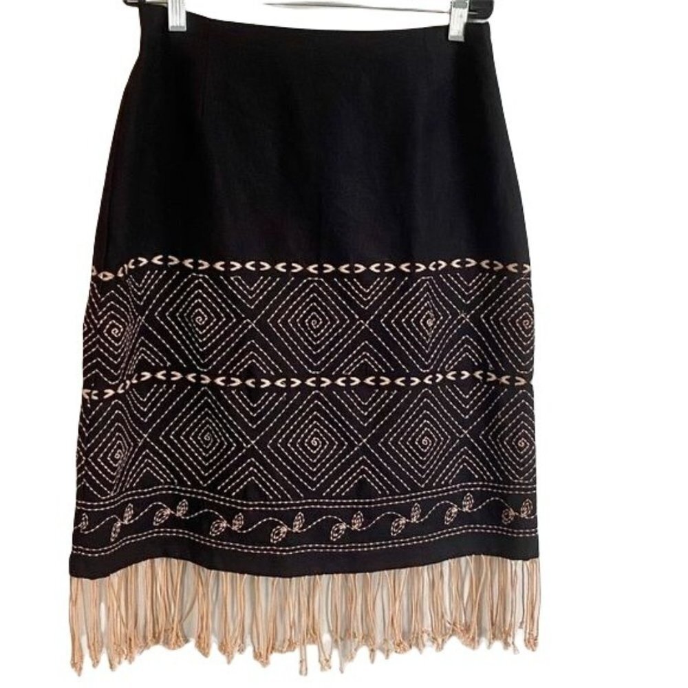 Richard Malcolm Petite Linen Blend Skirt with Fringe Black Tan Side Zipper SP